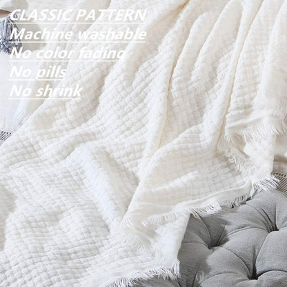 Farmhouse Boho Knitted Throw Blanket for Couch Sofa Chair Bed Home Decoration, Soft Warm Cozy Light Weight for Spring Summer Fall (50''X60'' off White/Ivory/Cream)