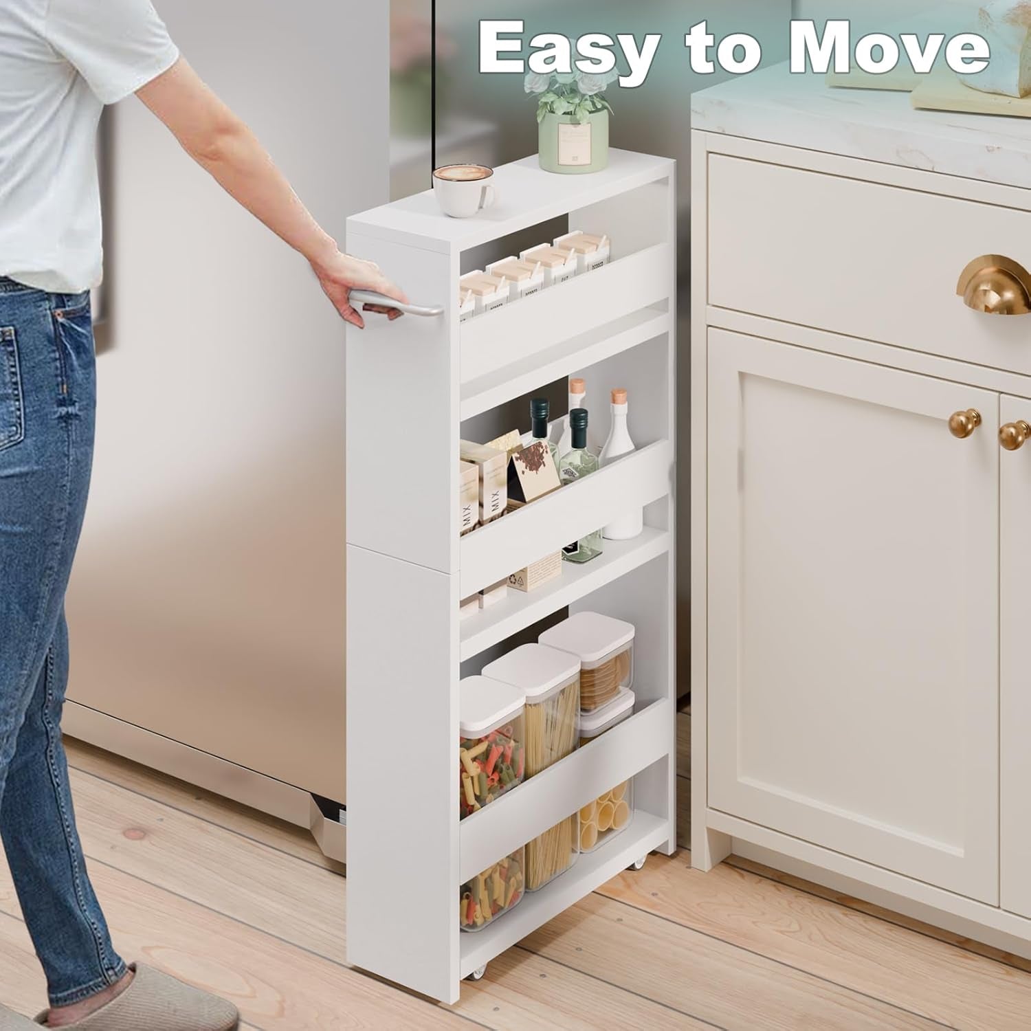 White Slim Storage Cart with Wheels, 4 Tier Rolling Utility Cart with Handle Slide Out Shelving Unit Organizer Trolley for Laundry Kitchen Bathroom Narrow Places Small Corner