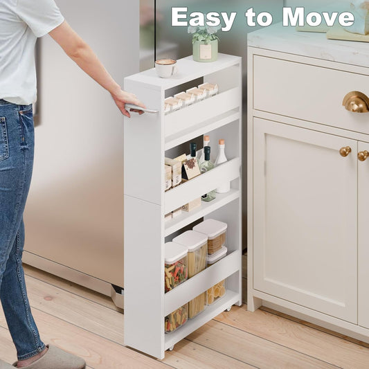 White Slim Storage Cart with Wheels, 4 Tier Rolling Utility Cart with Handle Slide Out Shelving Unit Organizer Trolley for Laundry Kitchen Bathroom Narrow Places Small Corner