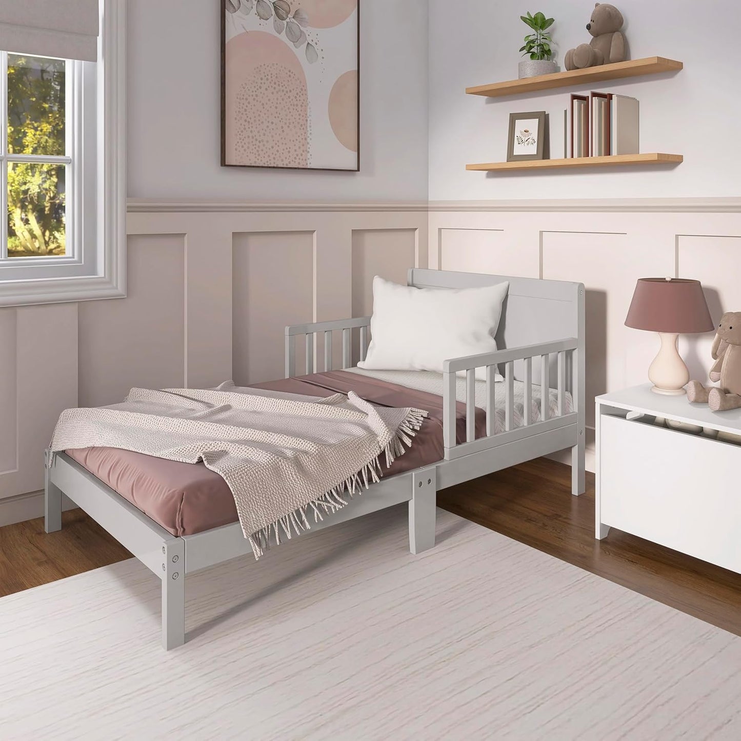 Brookside Wooden Toddler Bed in Pebble Grey, Greenguard Gold & JPMA Certified, Kids Bed with Safety Rails, Low-To-Floor Design, Non-Toxic Pinewood Finish