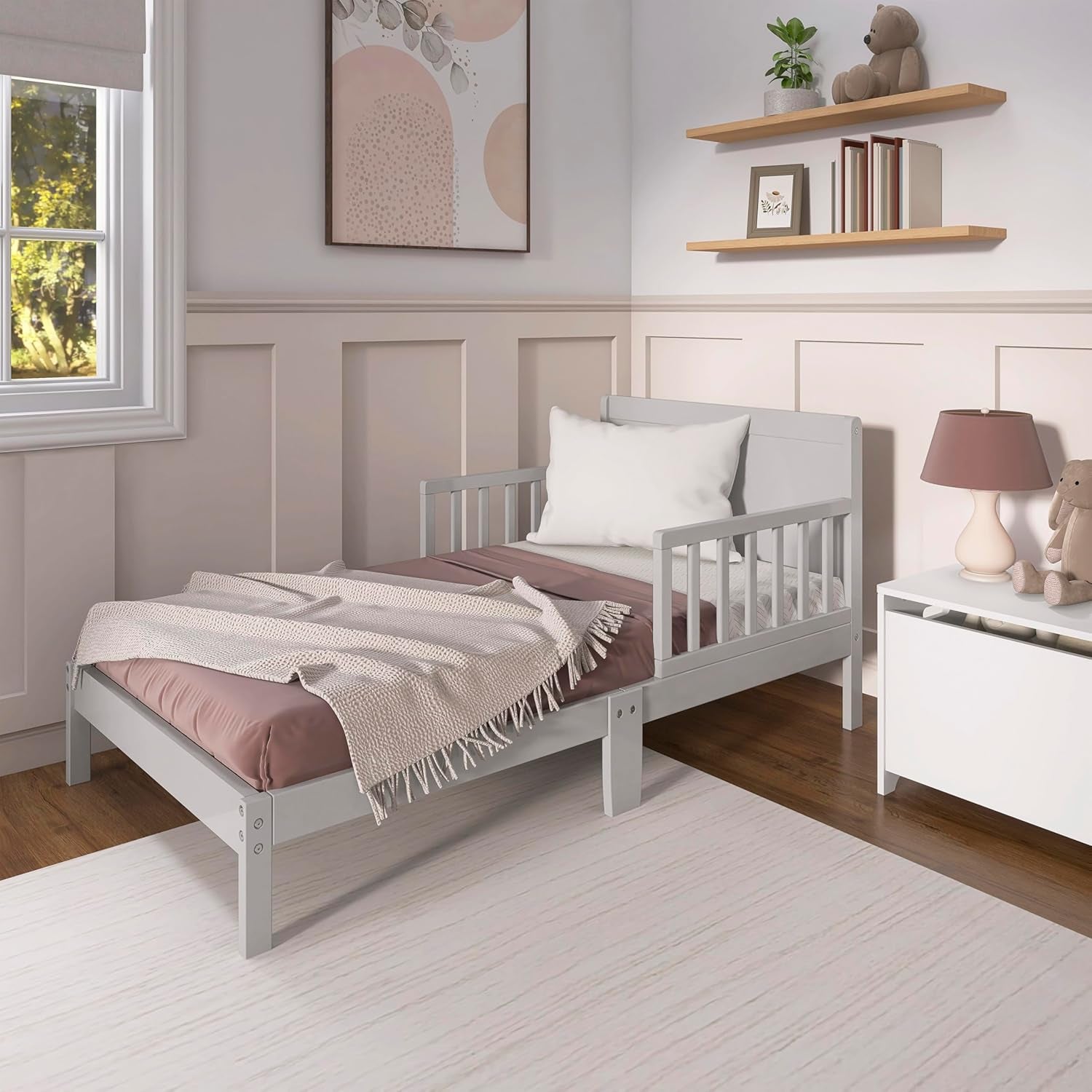 Brookside Wooden Toddler Bed in Pebble Grey, Greenguard Gold & JPMA Certified, Kids Bed with Safety Rails, Low-To-Floor Design, Non-Toxic Pinewood Finish
