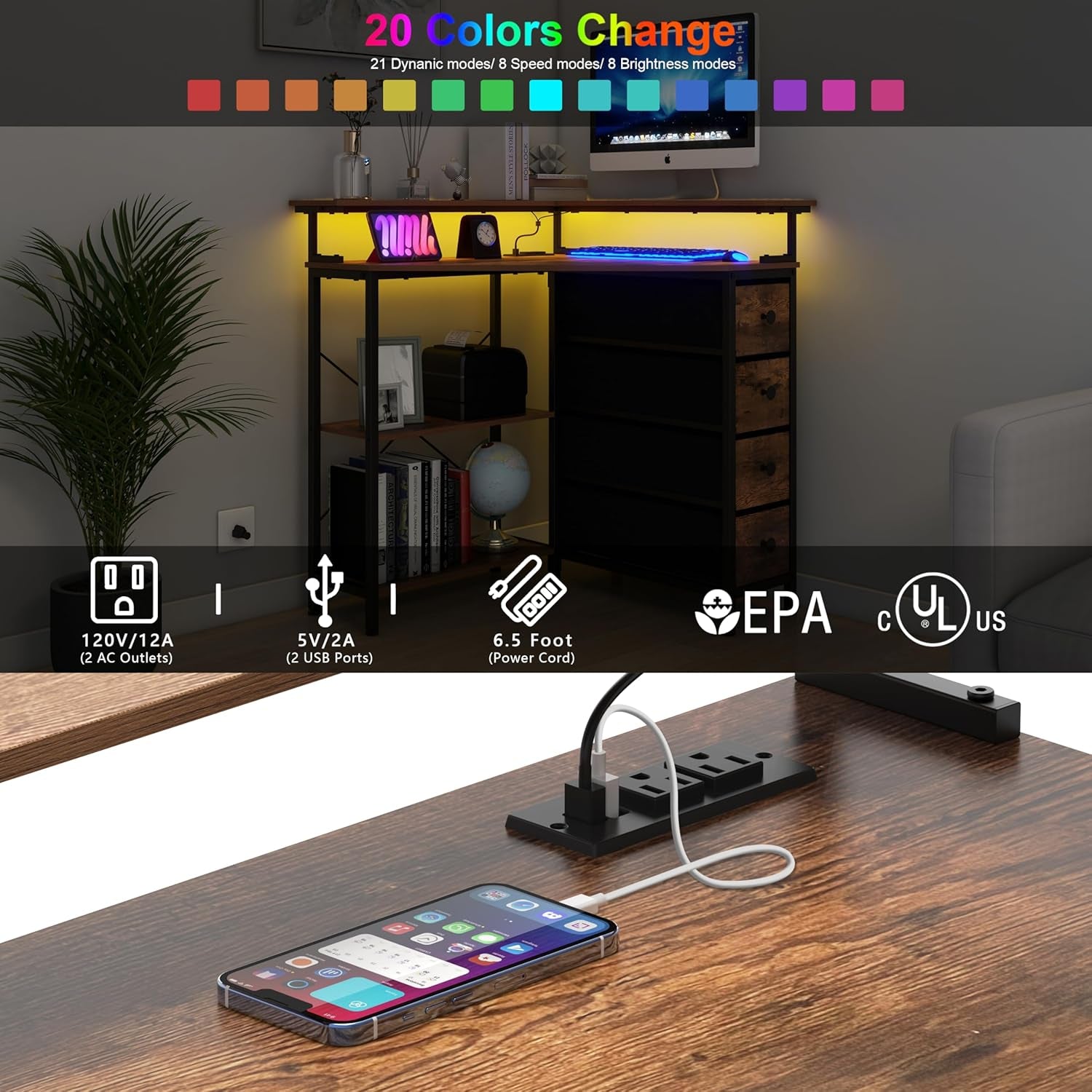 Corner Desk with Drawers Shelves for Small Space 90 Degrees Triangle Computer Desk with Power Outlets,Gaming Desk with LED Lights Monitor Stand for Home Office Workstation Writing Table (Brown)