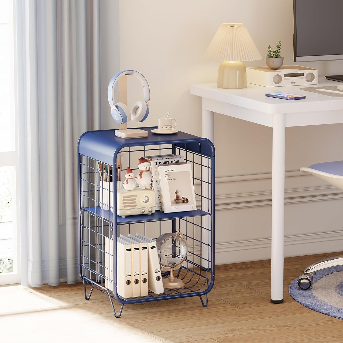 Cute Nightstand,Metal Side Table,3-Tier Modern End Table with Storage Shelf, Unique Side Tables, Cute Coffee Table for Living Room, Small Table for Bedroom,Navy Blue