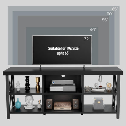 TV Stand for TV up to 65 Inches, Entertainment Center with 6 Storage Cabinet for Living Room, 55 Inch Farmhouse Television Stands Console Table, Industrial TV Stands for Living Room, Black
