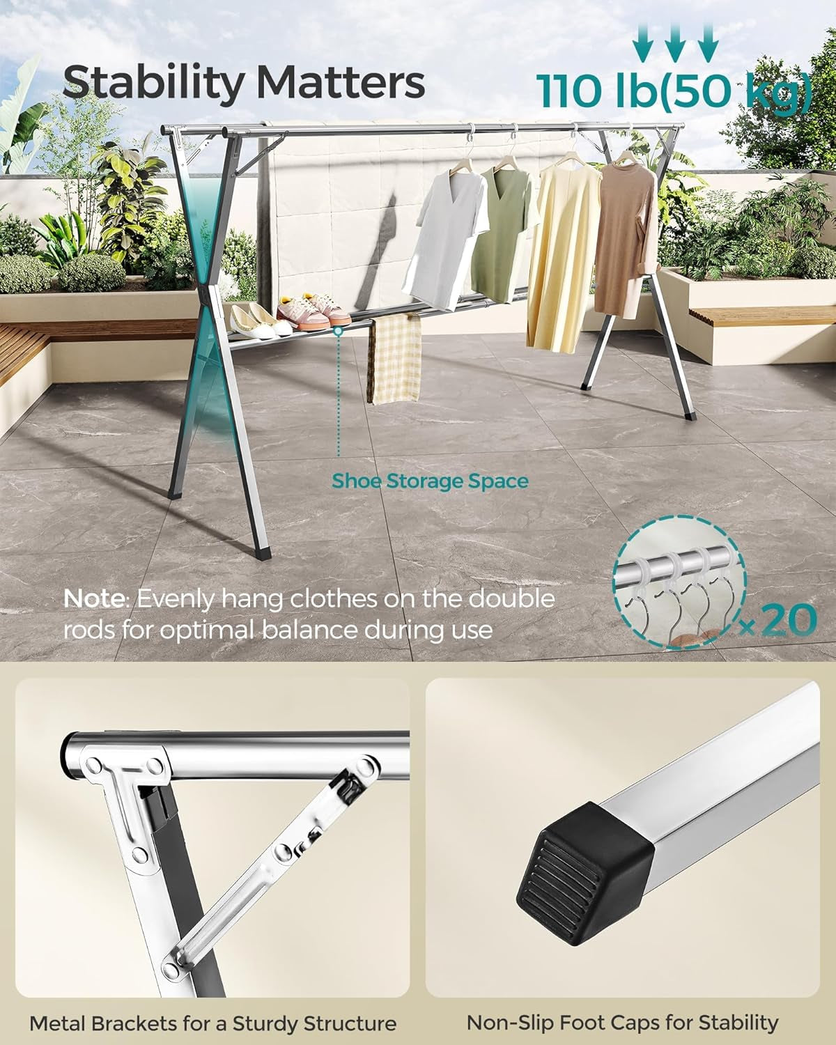 Clothes Drying Rack, Heavy-Duty Laundry Drying Rack, 56.3-93.7 Inches Extendable, Foldable Freestanding Airer, Stainless Steel, for Indoor Outdoor Use, Dove Gray ULLR903E01