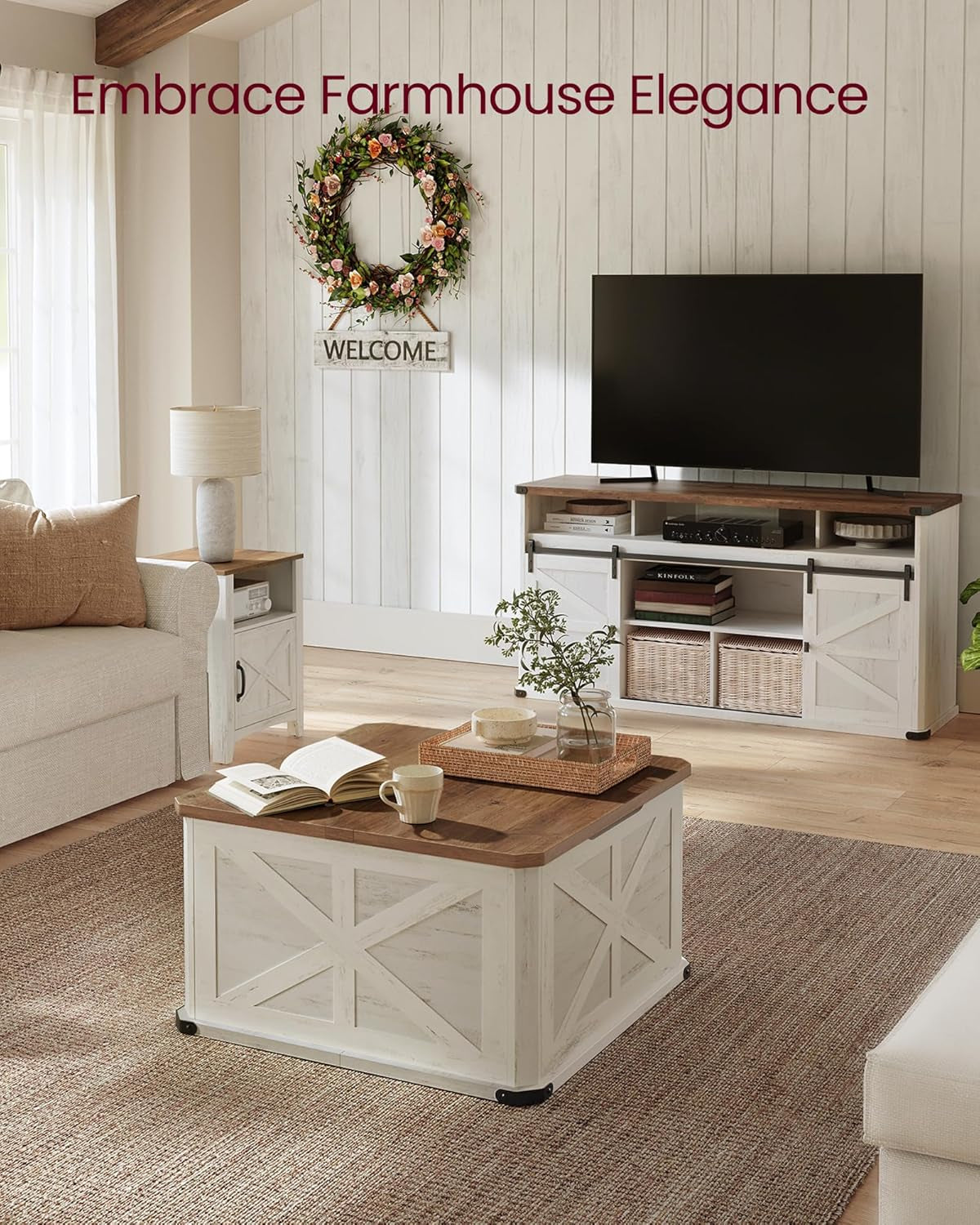 Farmhouse Coffee Table with Storage, Square Coffee Table for Living Room, Center Table with Flip-Top Lids, Honey Brown and Rustic White ULCT232W73