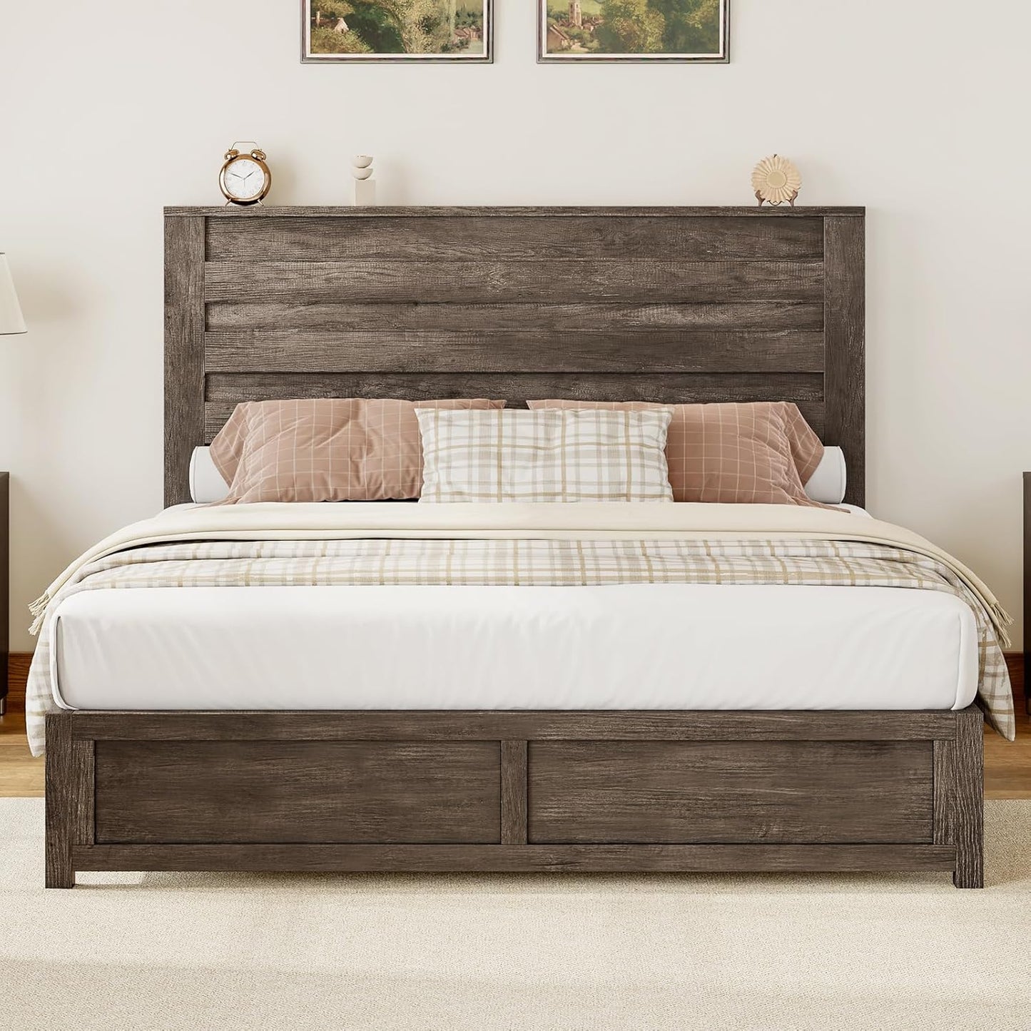 Full Size Farmhouse Bed Frame with 49" Headboard, Platform Bed Frame with Wood Slats Support/No Box Spring Needed/Easy Assembly, Rustic Grey