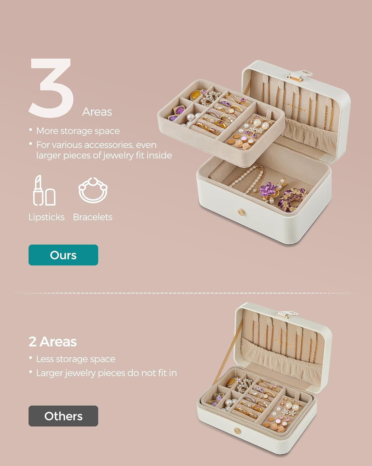 Jewelry Organizer Box, 2-Layer Travel Case for Earrings, Necklaces, Bracelets - Portable Jewelry Storage with Large Capacity, Gift-Ready Box for Women & Girls, Cloud White UJBC166W01