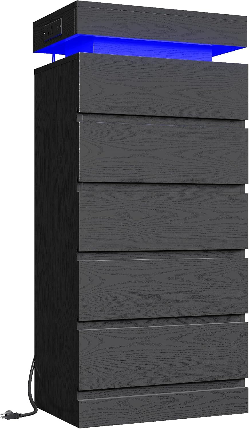 54" Tall 5 Drawer Dresser for Bedroom, Black Dresser with LED Light and Power Outlet, Wood Modern Chest of Drawers for Living Room, Entryway, Hallway
