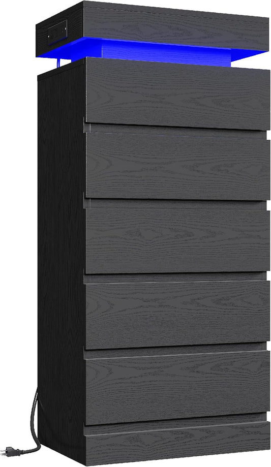 54" Tall 5 Drawer Dresser for Bedroom, Black Dresser with LED Light and Power Outlet, Wood Modern Chest of Drawers for Living Room, Entryway, Hallway