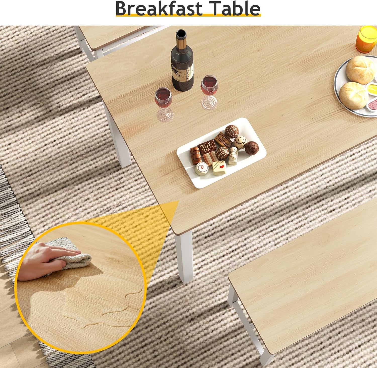 43" Dining Room Table Chairs Set for 4, Modern Space Saving Kitchen Table with 2 Benches & Adjustable Feet Breakfast Table, Wooden Industrial Style Farmhouse, White
