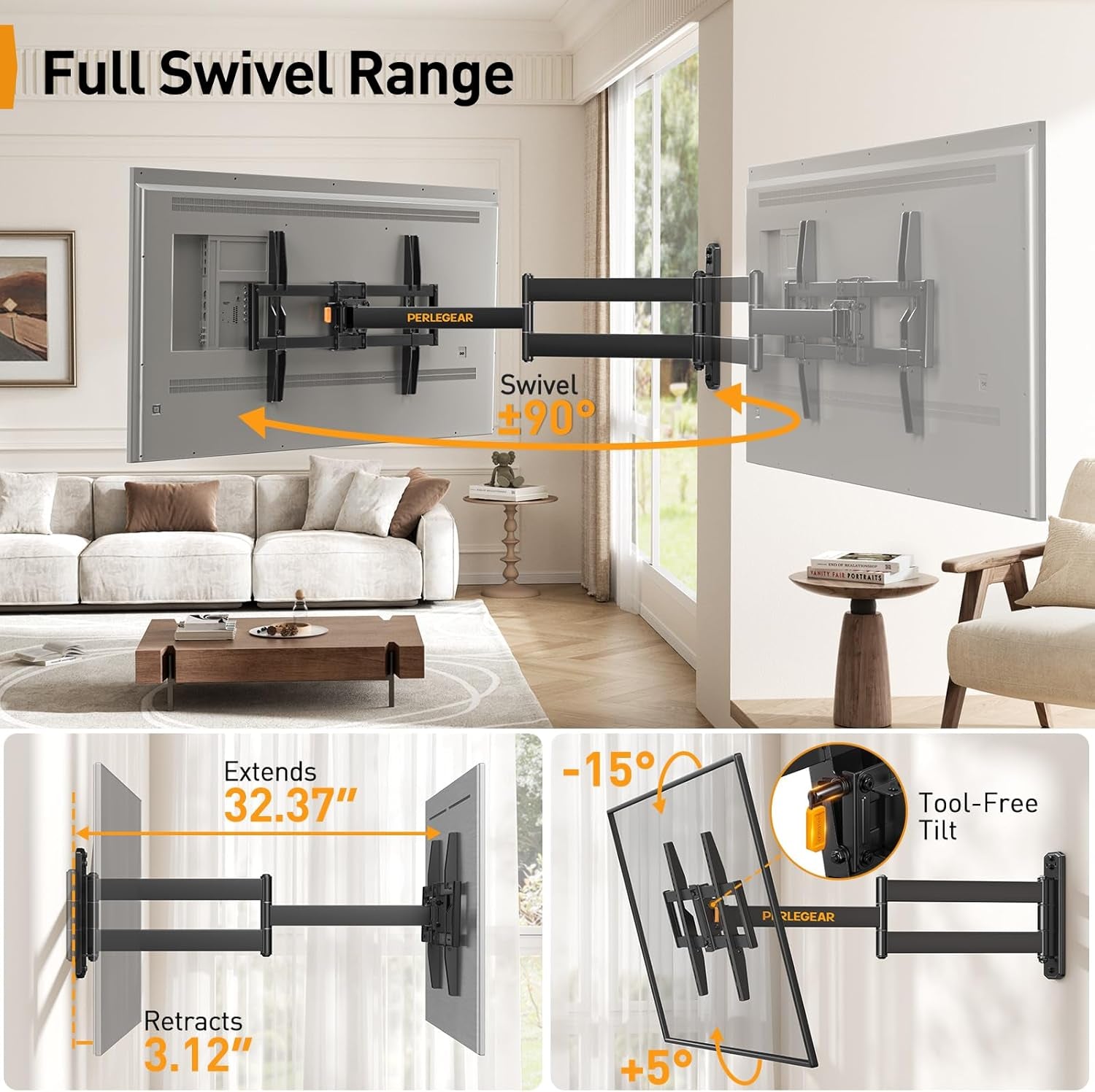 Corner TV Wall Mount Long Arm TV Mount Bracket for 32-75 Inch Tvs-Full Motion TV Wall Mount with 32.37” Extension & Swivel Articulating Arm & Tilt, MAX VESA 600X400Mm, Holds up to 100 Lbs