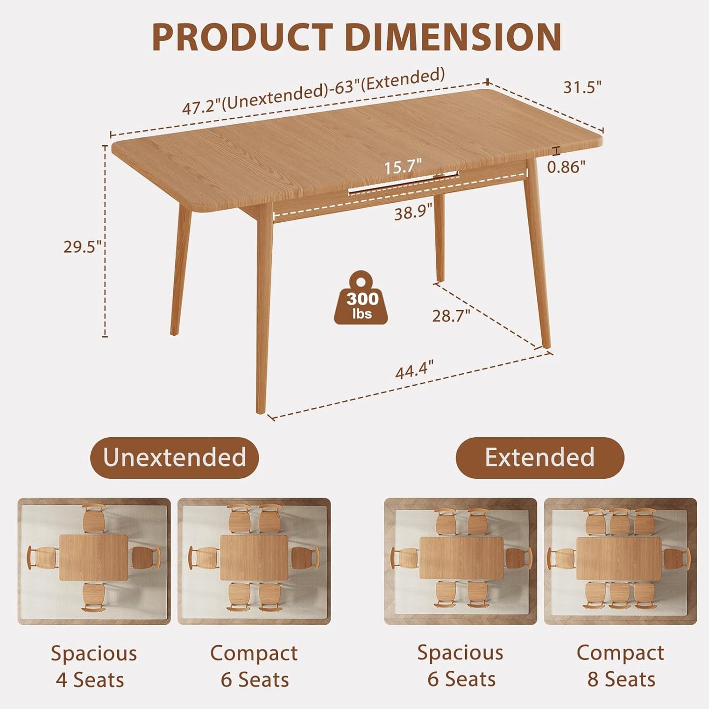 Solid Wood Extendable Dining Table for 4-8 People with Seamless Extension from 47.2 to 63 Inches, Easy Assembly, Expandable Tables for Small Spaces, Dining Room, Kitchen, Living Room, White