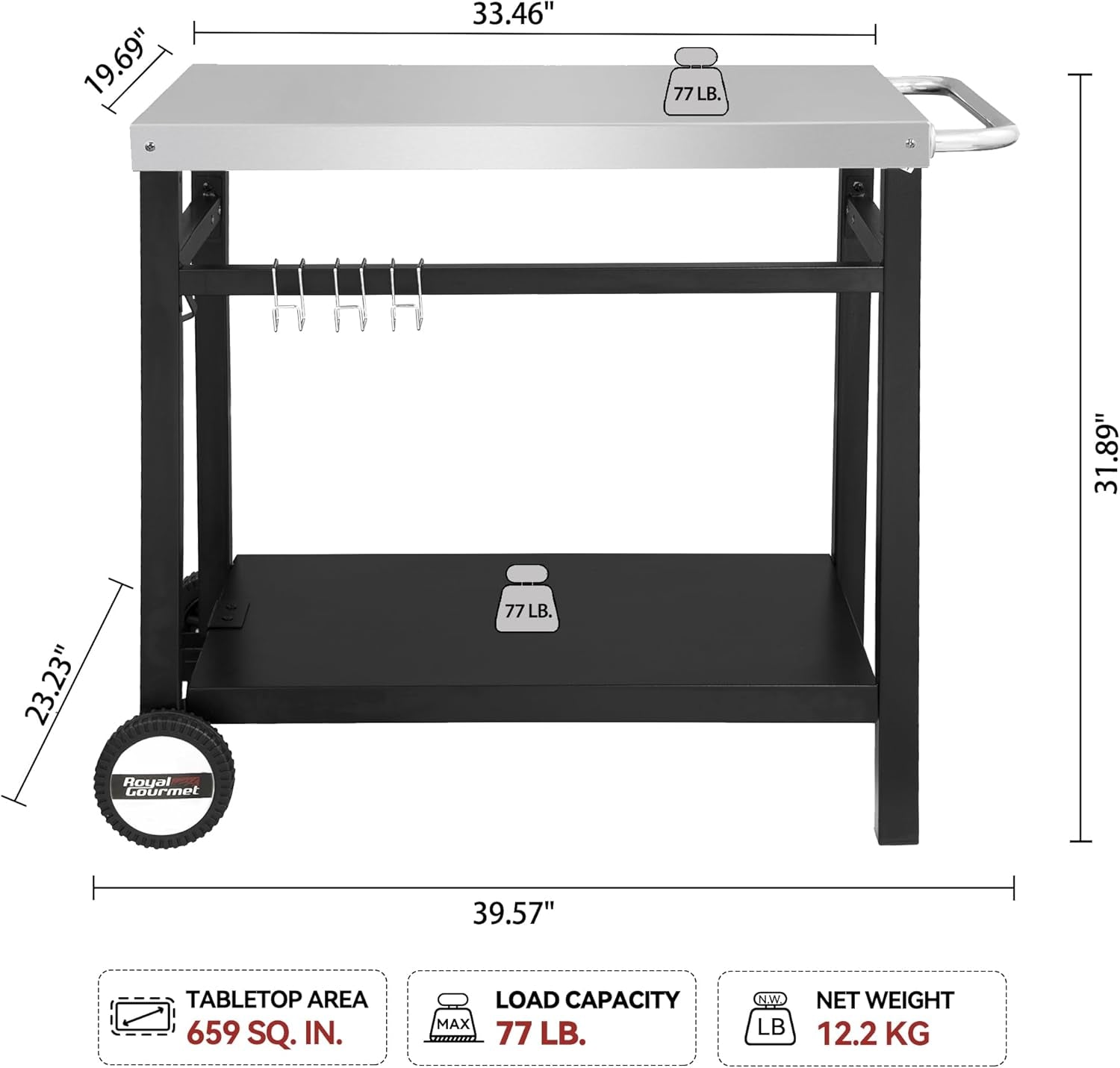 Dining Cart Table with Double-Shelf, Movable Stainless Steel Flattop Grill Cart, Hooks, Side Handle, Multifunctional PC3401S (Silver)