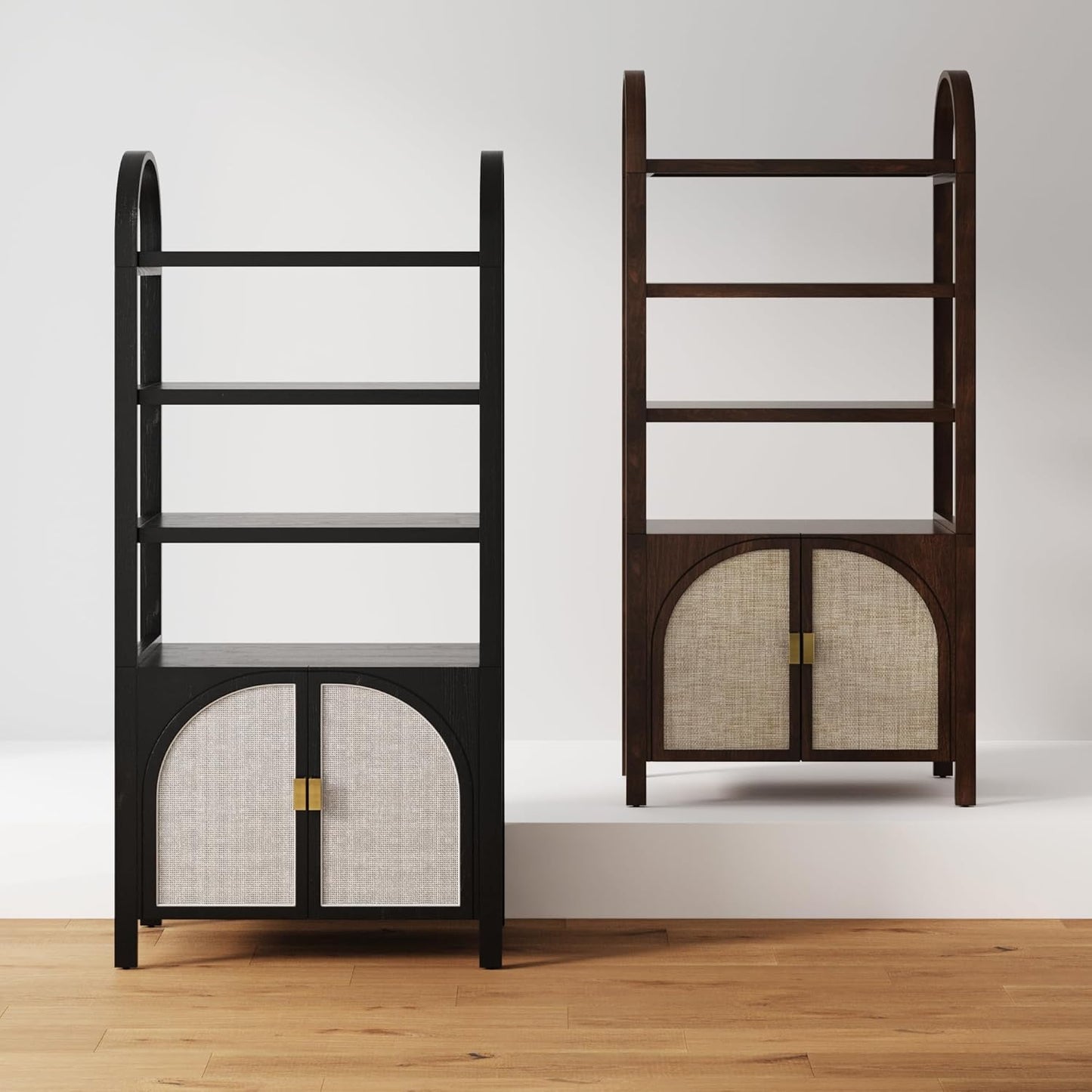 Paxton Mid-Century Modern Arched Bookshelf Cabinet with Solid Wood Frame and Rattan Base, Raw Oak