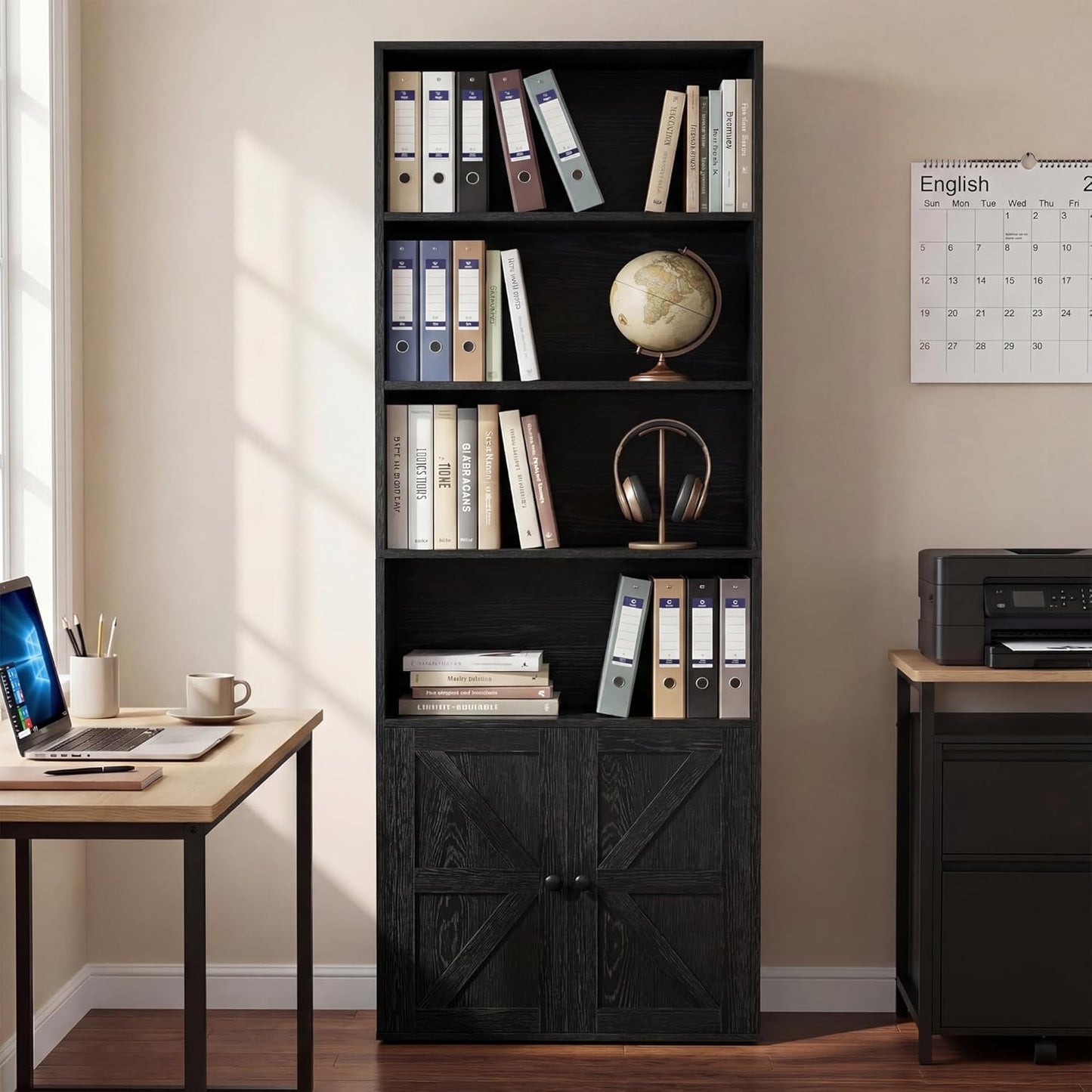 Farmhouse Bookshelf and Bookcase with Doors, Industrial Bookshelves and Bookcases Floor Standing Display 6-Tier Shelf Storage Shelves 71.5 Inchs for Home Office, Living Room, Black, 1 PCS