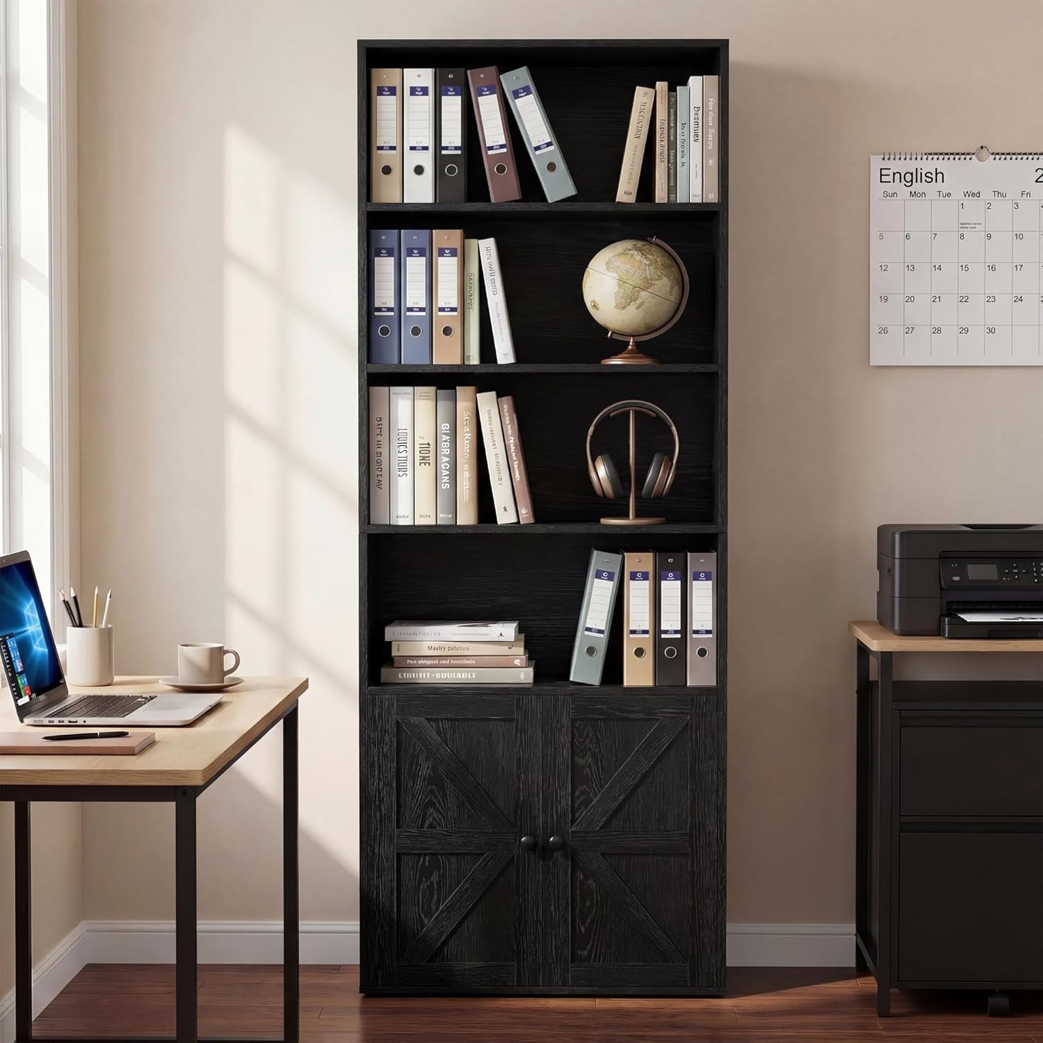 Farmhouse Bookshelf and Bookcase with Doors, Industrial Bookshelves and Bookcases Floor Standing Display 6-Tier Shelf Storage Shelves 71.5 Inchs for Home Office, Living Room, Black, 1 PCS