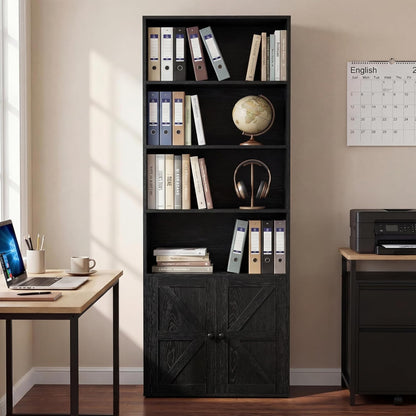 Farmhouse Bookshelf and Bookcase with Doors, Industrial Bookshelves and Bookcases Floor Standing Display 6-Tier Shelf Storage Shelves 71.5 Inchs for Home Office, Living Room, Black, 1 PCS