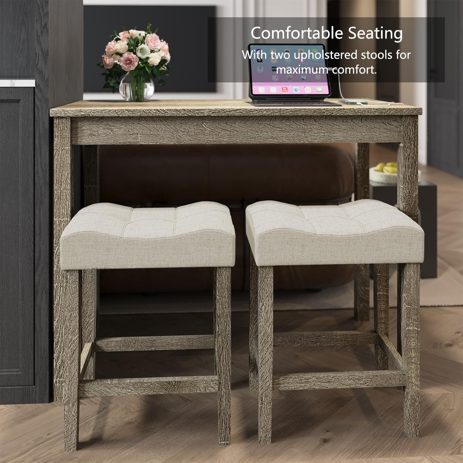3-Piece Counter Height Bar Table Set with Socket and 2 Fabric Padded Bar Stools, Tall Kitchen Breakfast Dining Table Set with Stools (1+2 Natural)