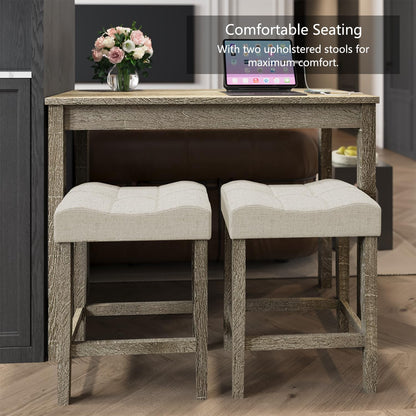 3-Piece Counter Height Bar Table Set with Socket and 2 Fabric Padded Bar Stools, Tall Kitchen Breakfast Dining Table Set with Stools (1+2 Natural)
