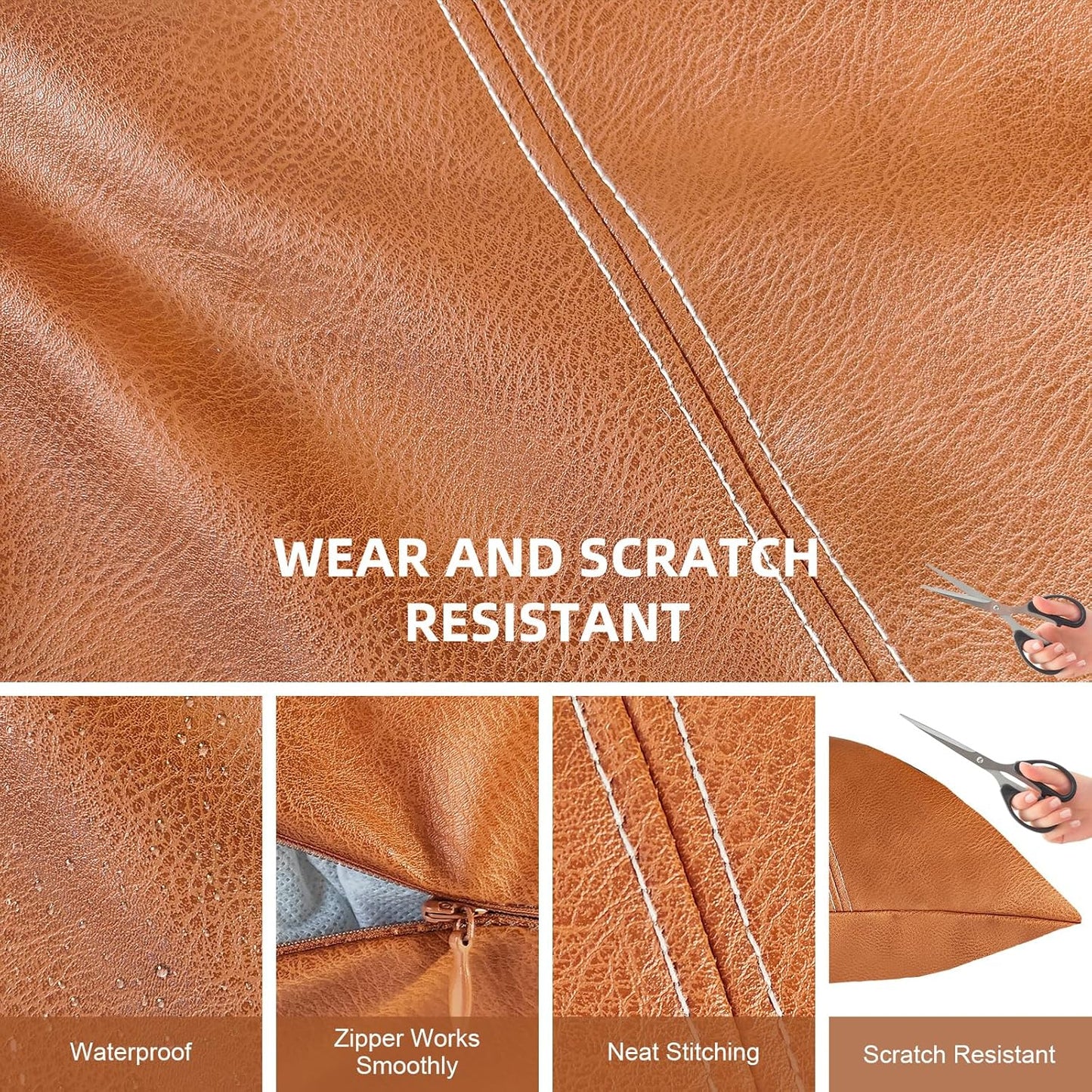 Faux Leather Throw Pillow Cover 18X18 Inch Set of 2 Brown Outdoor Modern Farmhouse Solid Decorative Pillow Covers for Room Couch Living Bedroom Bed Sofa