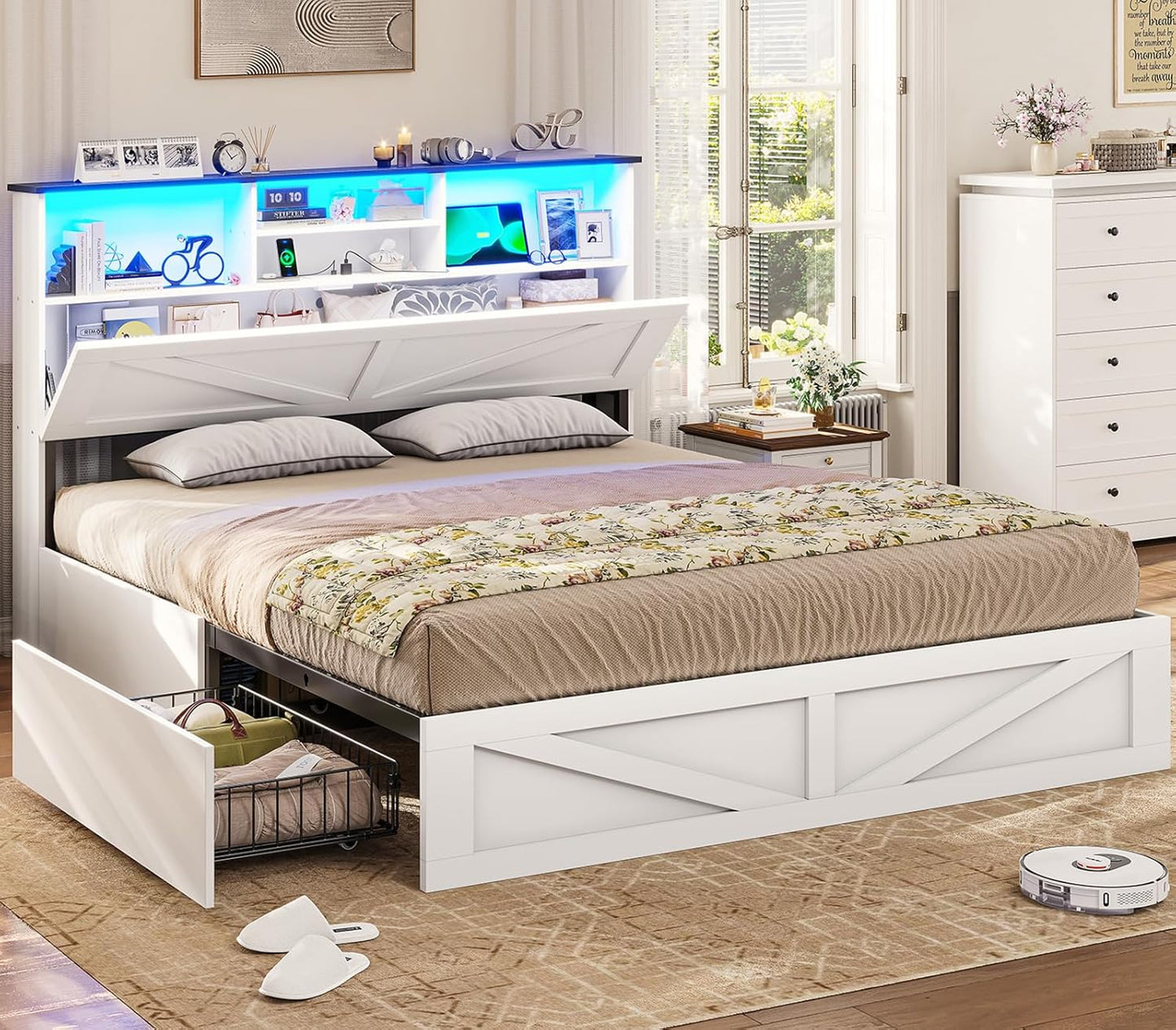 Farmhouse Bed Frame Queen Size with Bookcase Storage Headboard, Charging Station and LED Lights, Wooden Queen Bed Frame with 4 Drawers, Barn Door Design, No Box Spring Needed, No Noise, White