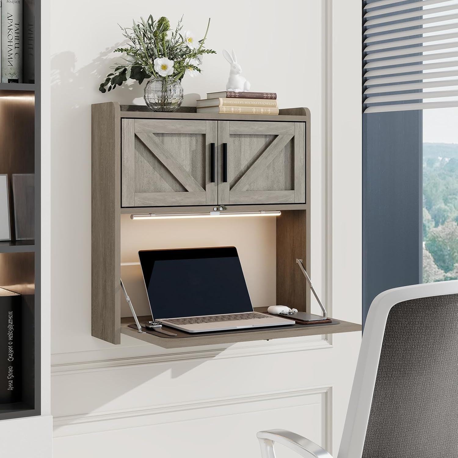 Wall Mounted Desk with LED Light Farmhouse Multifunctional Fold down Laptop Computer Table Writing Workstation with Storage Compartments Space Saving for Home Office, Gray