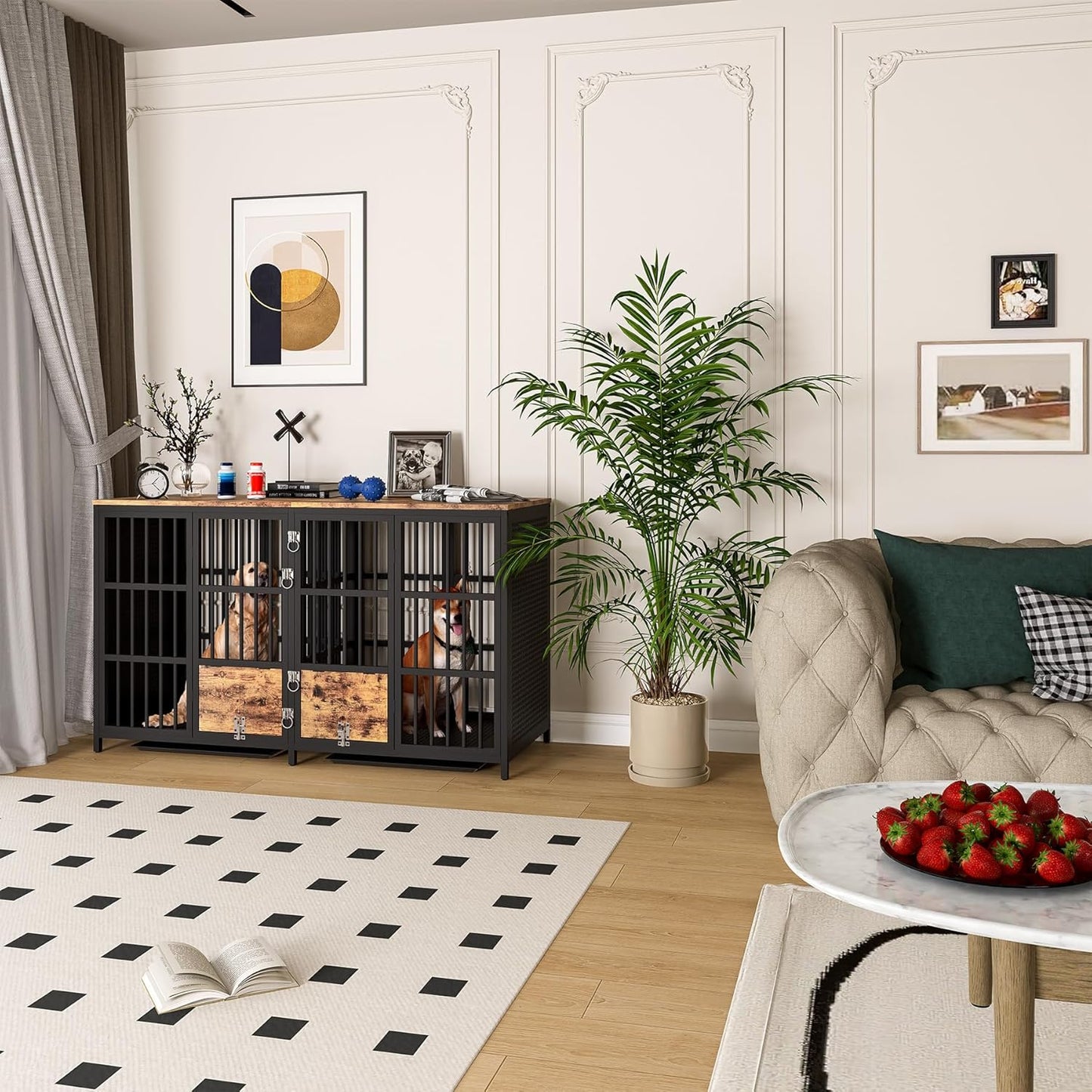 Large Dog Crate Furniture, 63 Inch Heavy Duty Double Dog Crate with Divider, Extra Large Dog Kennel Furniture with Removable Trays for Medium Large Dogs