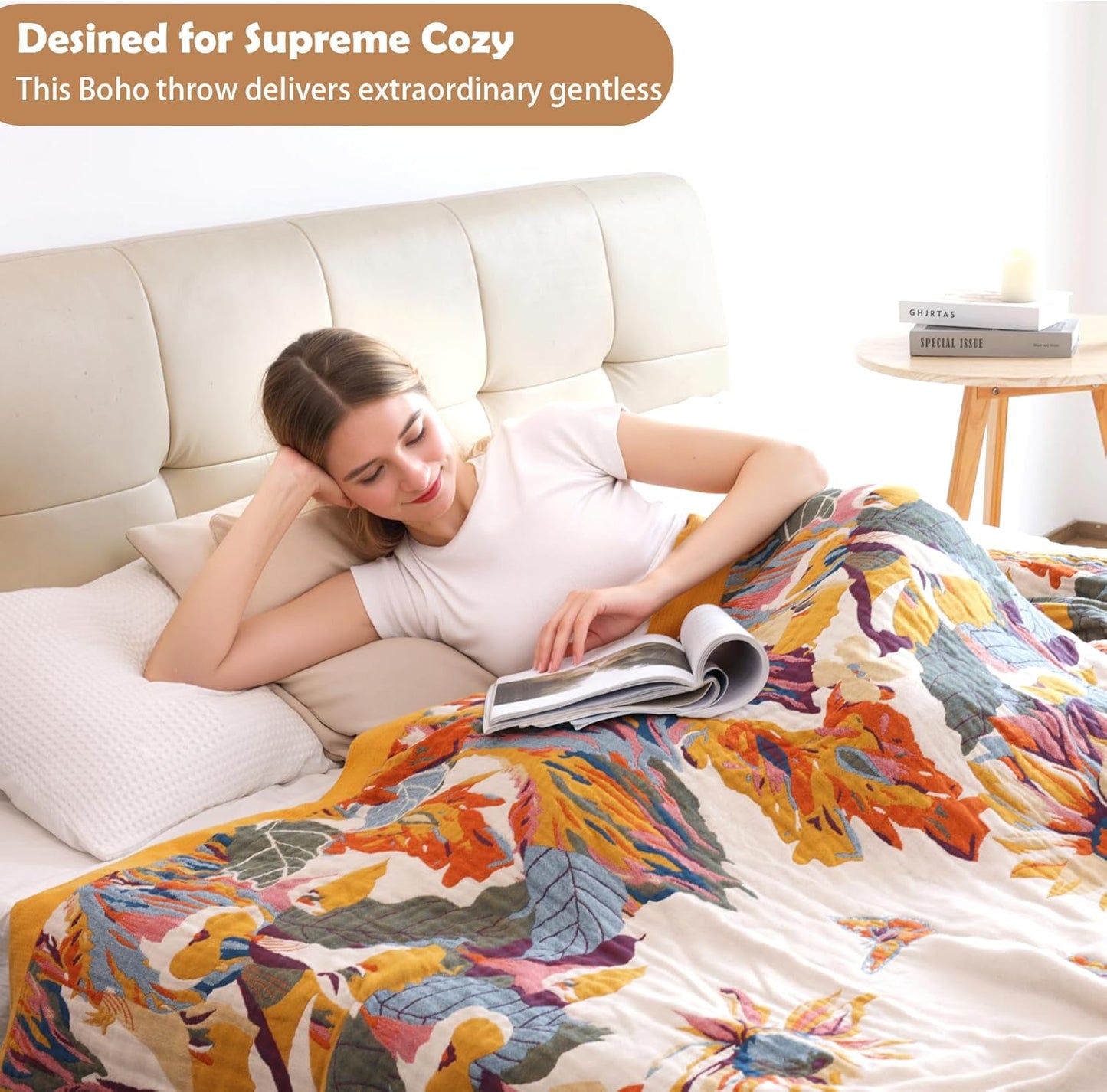 Boho Throw Blanket 60" X 80", 100% Organic Cotton Skin-Friendly Lightweight Ultra Soft Bed Quilt Throw - Fall Floral Butterfly Farmhouse Decor Blanket for Sofa Couch Chair and Gift.