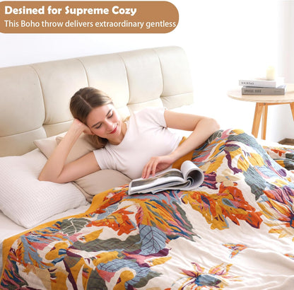 Boho Throw Blanket 60" X 80", 100% Organic Cotton Skin-Friendly Lightweight Ultra Soft Bed Quilt Throw - Fall Floral Butterfly Farmhouse Decor Blanket for Sofa Couch Chair and Gift.