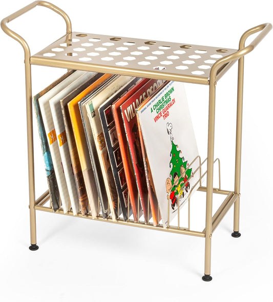 2-Tier Record Player Stand - Gold Metal Vinyl Records Stand with Shelves - Vinyl Player Table with 14 Slots