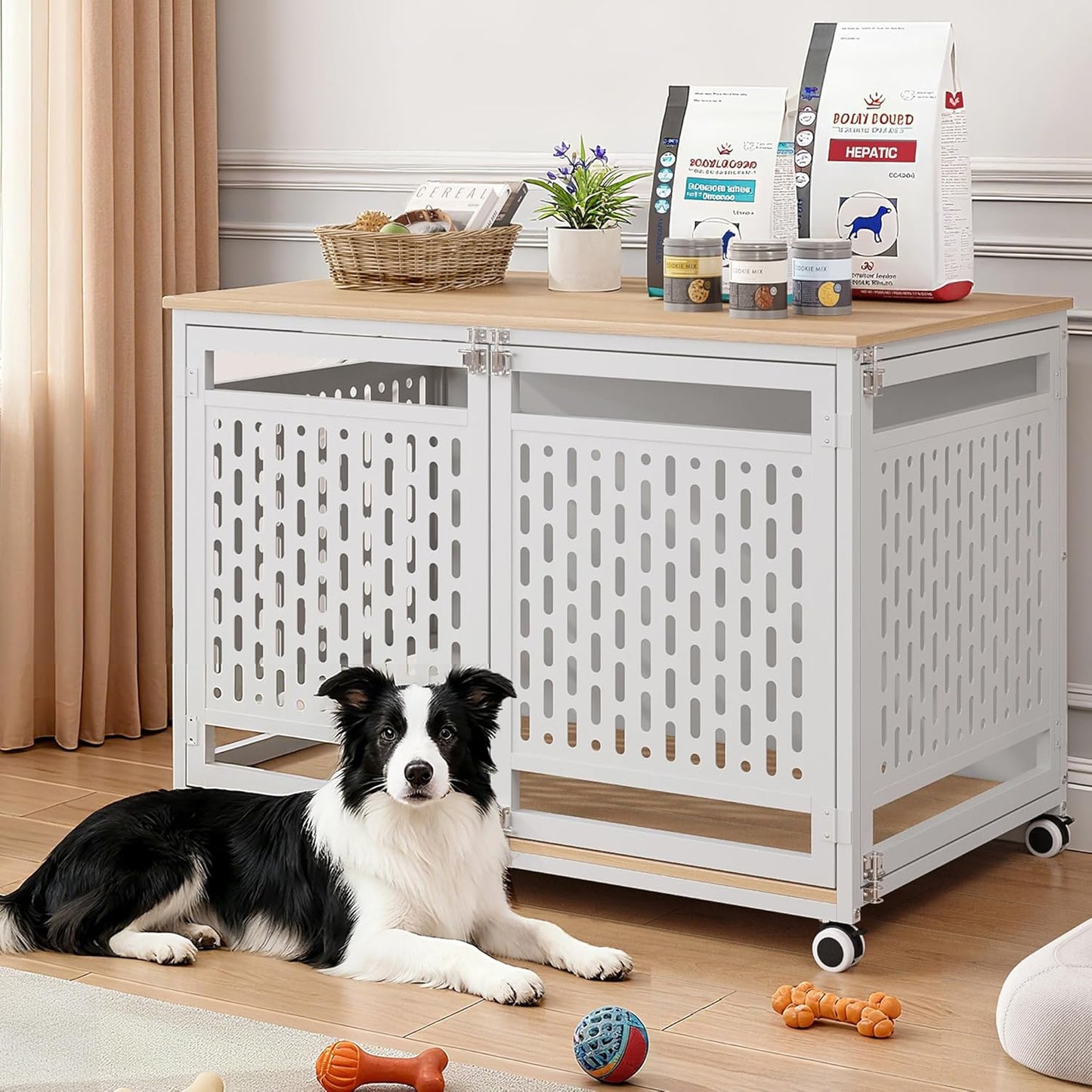 40.1" Dog Crate Furniture for Medium and Large Breed, Decorative Dog Kennel Indoor with Lockable Wheels, Heavy Duty Wooden End Side Table Pet Cage, Chew-Resistant, White