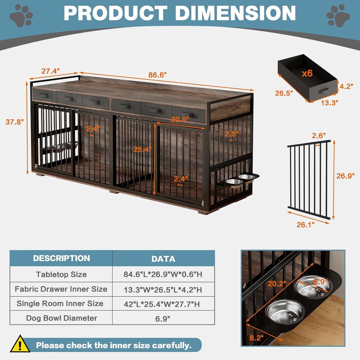 86.6" Large Double Dog Crate Furniture,Heavy Duty Metal Frame Dog Crate Kennel Sliding Doors,Chew-Resistant Dog Kennel for 2 Dogs with Bowls&Divider&Drawers Indoor