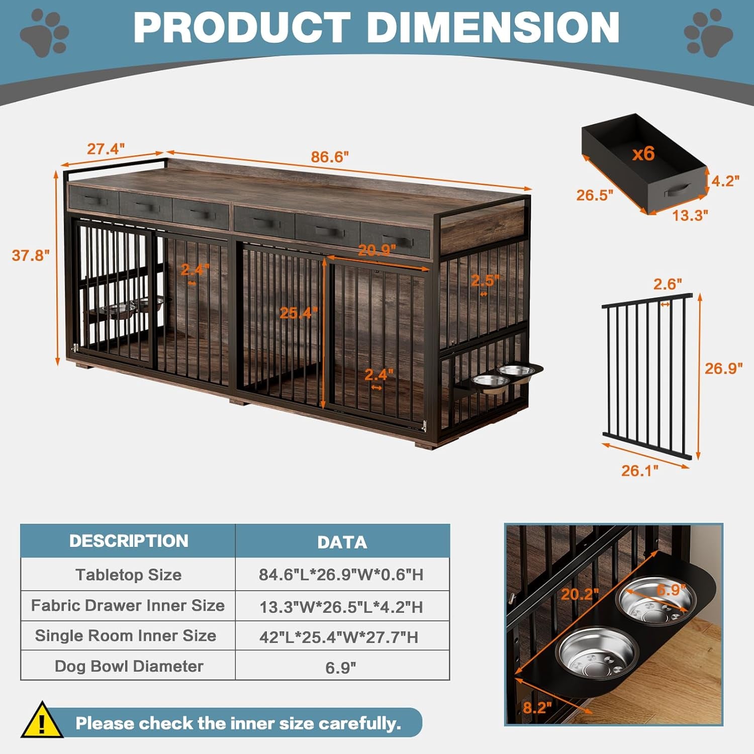86.6" Large Double Dog Crate Furniture,Heavy Duty Metal Frame Dog Crate Kennel Sliding Doors,Chew-Resistant Dog Kennel for 2 Dogs with Bowls&Divider&Drawers Indoor