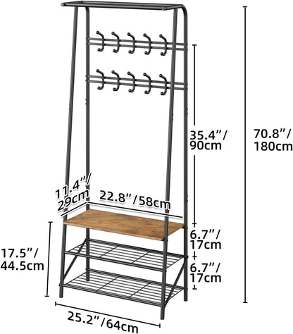 Coat Rack Shoe Bench with 8 Hooks, Hall Trees Entryway Bench with Storage, Multifunctional Hallway Organizer, Wood Look Accent Furniture with Metal Frame for Entryway, Living Room, Bedroom
