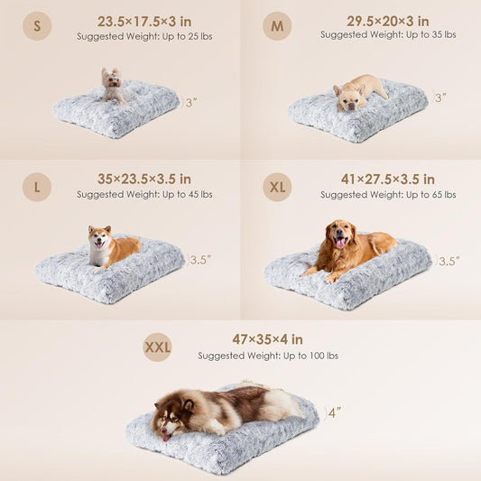 Fluffy Dog Crate Bed for Extra Large Dogs, Plush Faux Fur Pad, Calming anti Anxiety XL Bed for Crate, Washable Soft Warm Dog Mat with Non-Slip Bottom, Grey