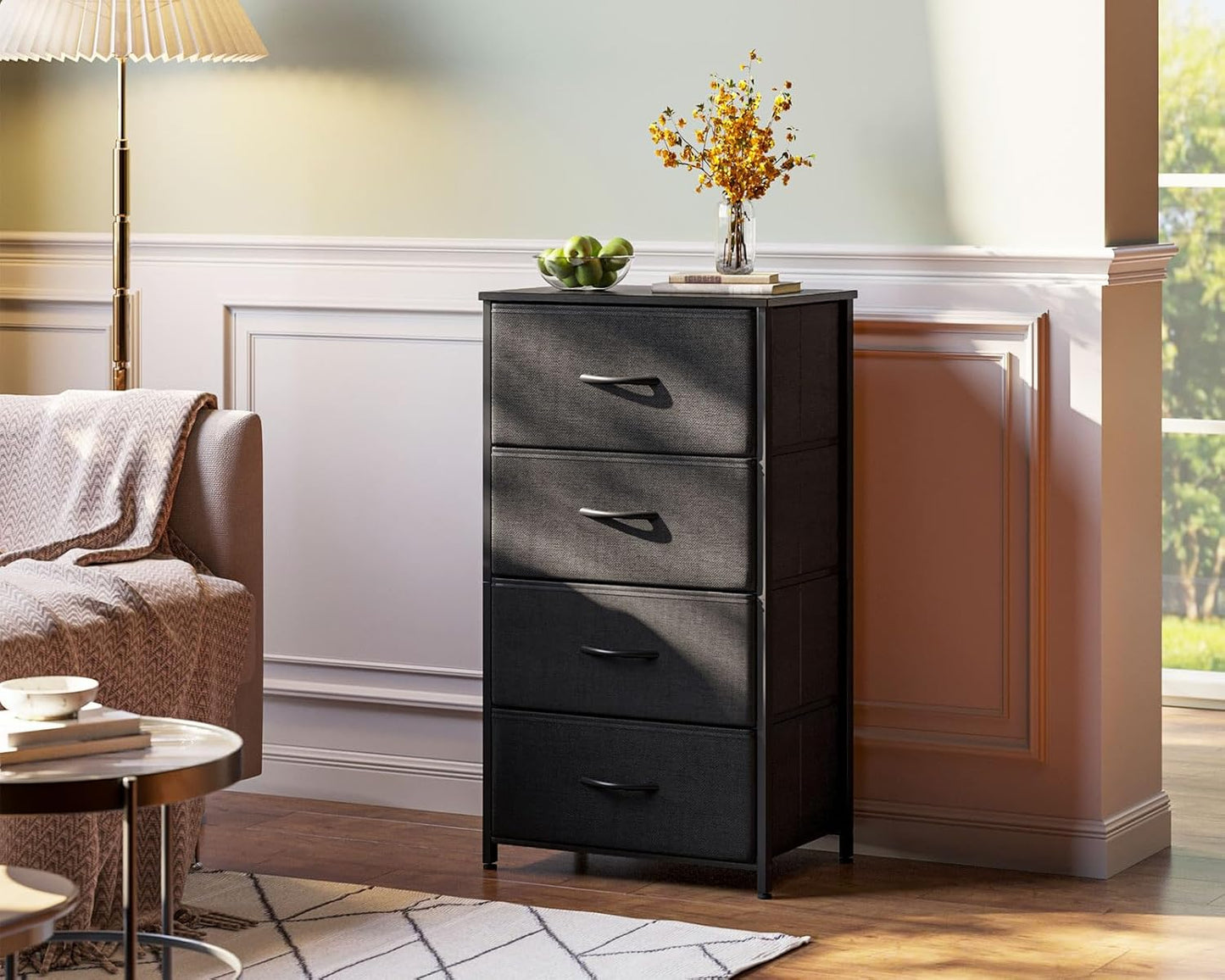 Dresser for Bedroom with 4 Storage Drawers, Small Dressers Chest of Drawers Fabric Dresser with Sturdy Steel Frame, Black