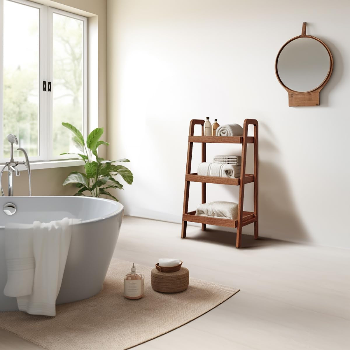 100% Solid Wood 3-Tiers Ladder Shelf, Small Bookcase, Ladder Bookshelf, End/Side Table for Living Room, Display Storage Open Shelf for Bedroom Kitchen Bathroom (Walnut Color)