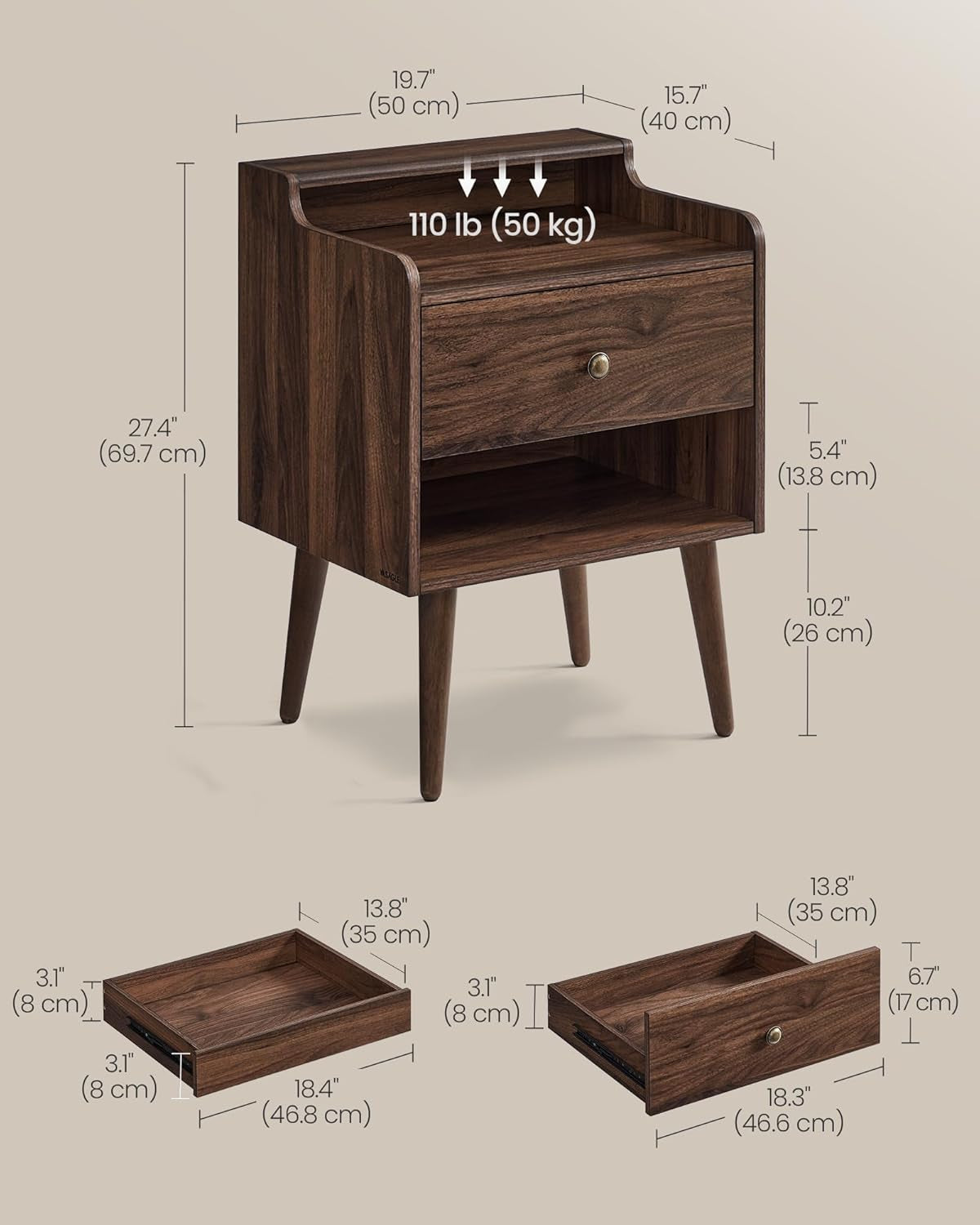 Nightstands, Set of 2, Bedside Tables with Hidden Drawers, Mid-Century End Side Tables with Solid Wood Legs, for Bedroom, Natural Walnut ULET624K01