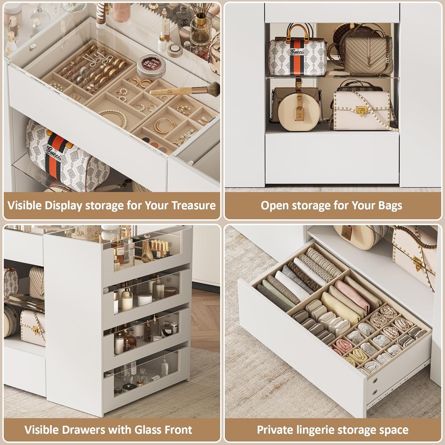 Closet Island with Drawers, Wardrobe Armoire Bedroom Island, Glass Display Shelf & 12 Drawers, White Dresser with Glass Top, Walk-In Closet Island for Bedroom, Cloakroom