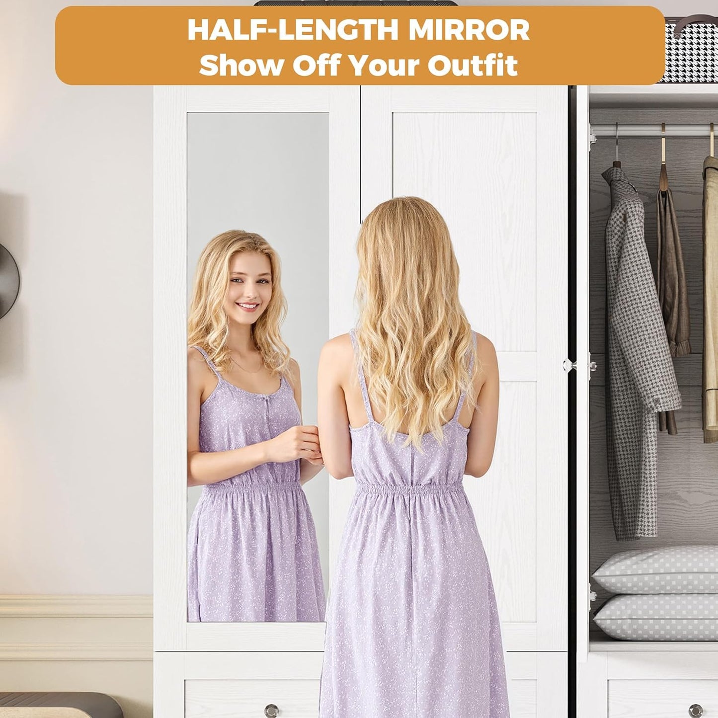 Wardrobe Closet with LED Light & Mirror, Wooden Modern Armoire with 2 Drawers and Hanging Rod, Large Capacity Storage Closet for Bedroom, White