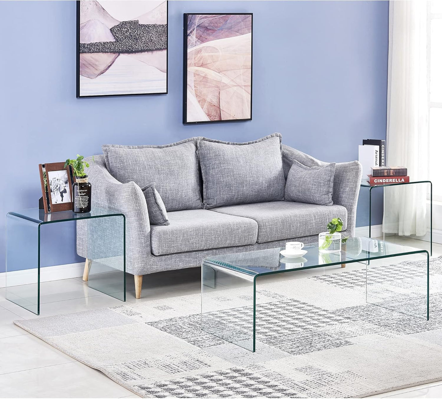 Tempered Glass Coffee Table, Small Clear Modern Coffee Tables with Rounded Edges Bent Home Office Furniture,Glass Sofa End Table 39.4" X 19.7" X 13.8"H