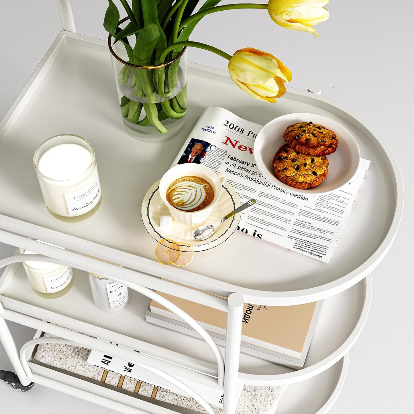 Bar Cart,Metal Serving Cart for the Home,Small Coffee Cart,Drink Cart,Beverage Cart with Lockable Wheels,Mobile Rolling Cart for Kitchen Living Room (White)