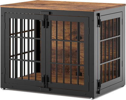 33" Heavy Duty Dog Crate Furniture, Wooden Dog Cage Kennel for Small and Medium Dogs, Dog Kennel Indoor with Side Door, Decorative Pet House End Table, Brown
