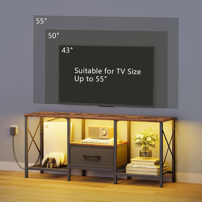 LED TV Stand with Fabric Drawer, Entertainment Center for 50 55 Inch TV, Industrial TV Console Table with Open Storage Shelves for Living Room, Bedroom, Rustic Brown