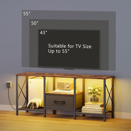 LED TV Stand with Fabric Drawer, Entertainment Center for 50 55 Inch TV, Industrial TV Console Table with Open Storage Shelves for Living Room, Bedroom, Rustic Brown