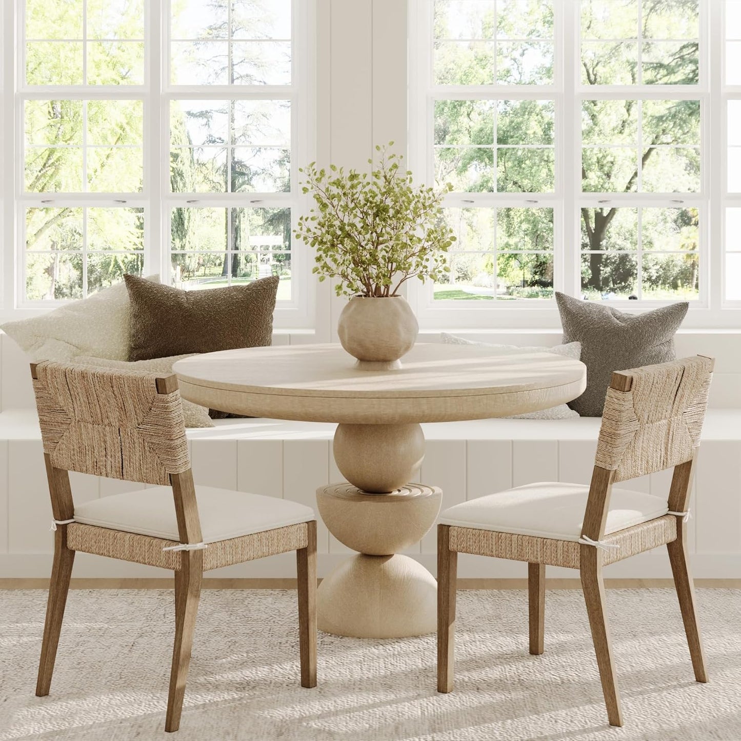 Beacon Boho Dining Chair, Boucle Dining Chair with Seagrass Accent and Solid Wood Legs, Cream Boucle/Light Brown