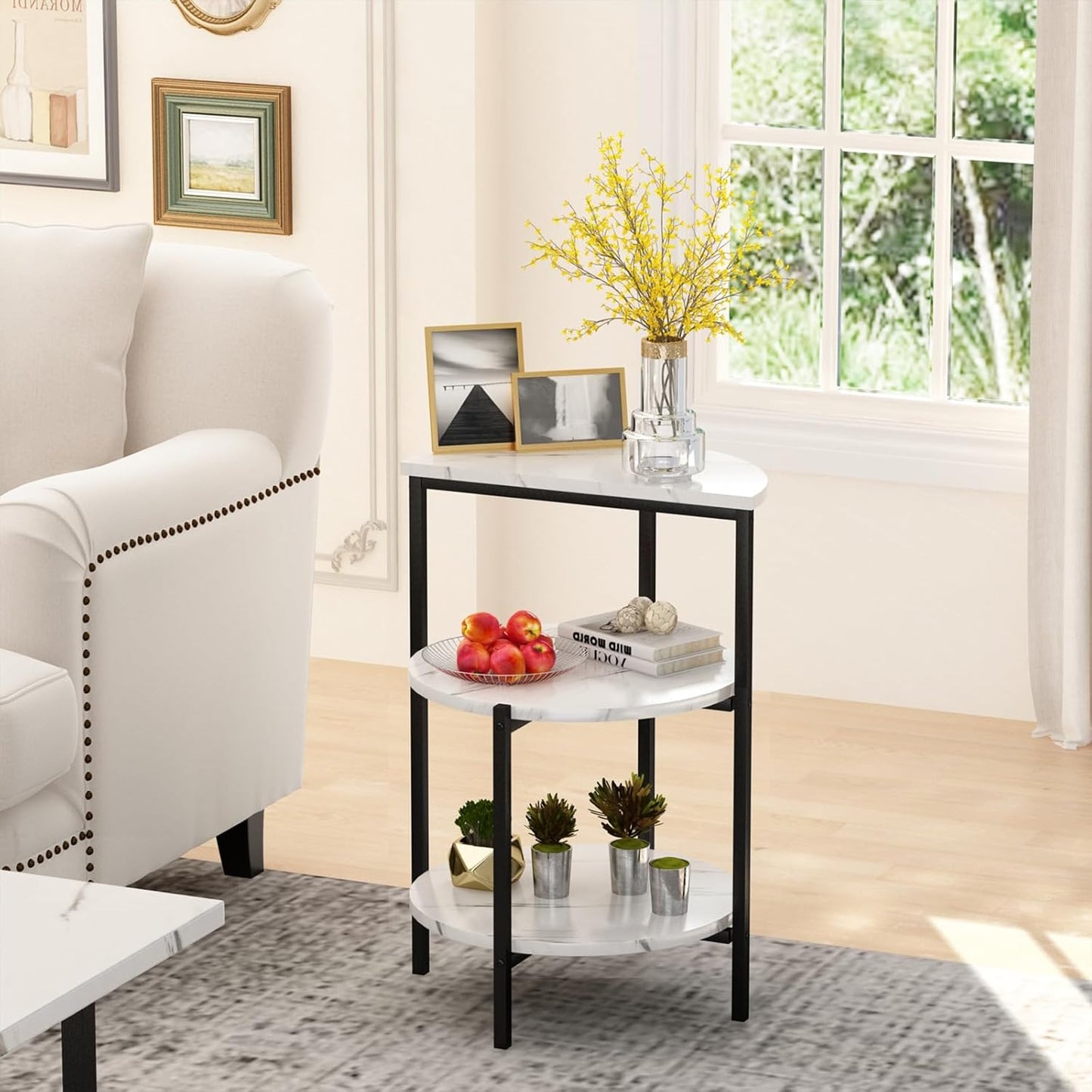 Faux Marble Table Set,Coffee Table & 2 Side Table, Faux Marble Tabletop and Metal Frame, 3 Piece Table Sets, for Living Room Apartment,White & Black
