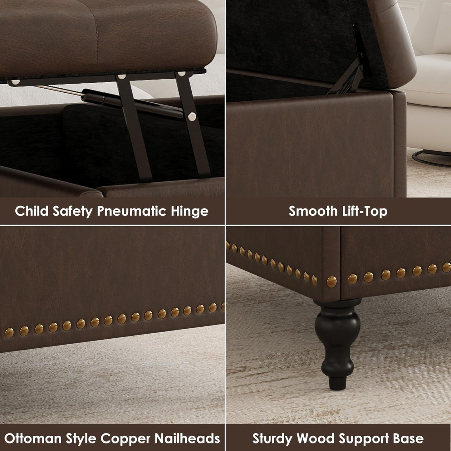 35 Inch Square Ottoman with Storage, Large Leather Ottoman Coffee Table, Lift-Top Leather Ottomans, Multi-Function Storage Bench and Foot Rest, Dark Brown