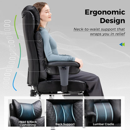 Big and Tall Office Chair 400LBS Wide Ergonomic Gaming Chair with Deluxe Embossing Designed Leather with Foot Rest,150°Reclining Adjustable Soft Armrests Pocket Spring Back Support and Pillow